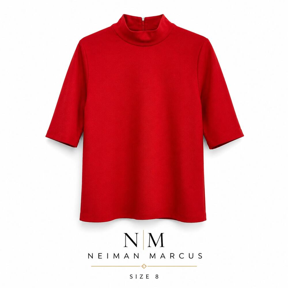 Neiman Marcus Red Mock Neck Knit Top Size 8 Short Sleeve Stretch Career Blouse